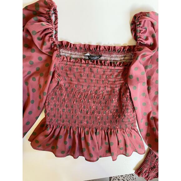 Zara Satin Glam Smocked Polka Dot Puff Sleeve Blouse -‎ S EUC - Picture 10 of 16